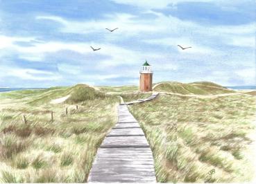 Poster DIN-A3 Aquarell Kunst Maritim Druck Kunstdruck Leuchtturm Rotes Kliff Kampen Sylt Nordsee Meer Strand Dünen